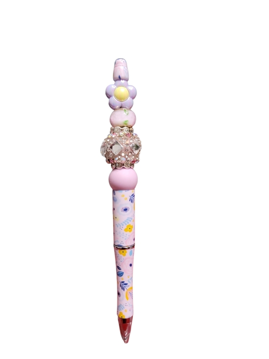 Handmade Accessories - Pink Floral Beaded Pen - Cute Flower Top